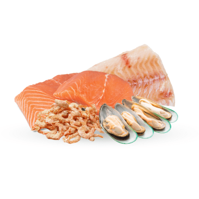 Ingredients of Ocean Feast Pet Food including Salmon, Codfish, Krill, and Mussels